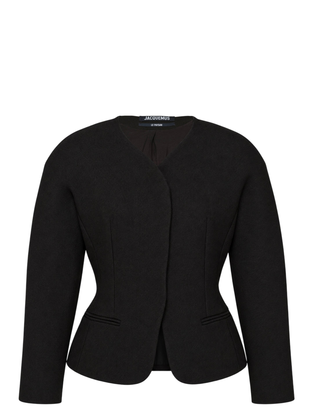 Jacquemus La Petite Veste Ovalo black collarless jacket with rounded shoulders, cinched waist and flared hem, shown from the front