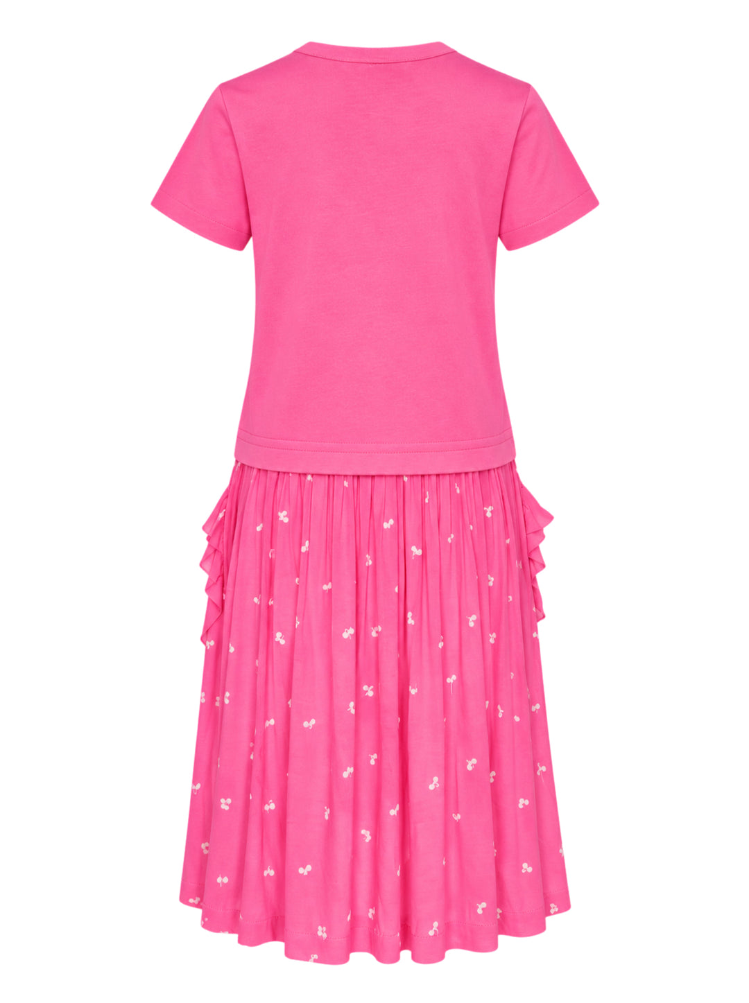 Comme des Garçons Girl pink dress with a short-sleeve jersey tee top and a gathered cherry-print skirt with ruffled pockets - view 2