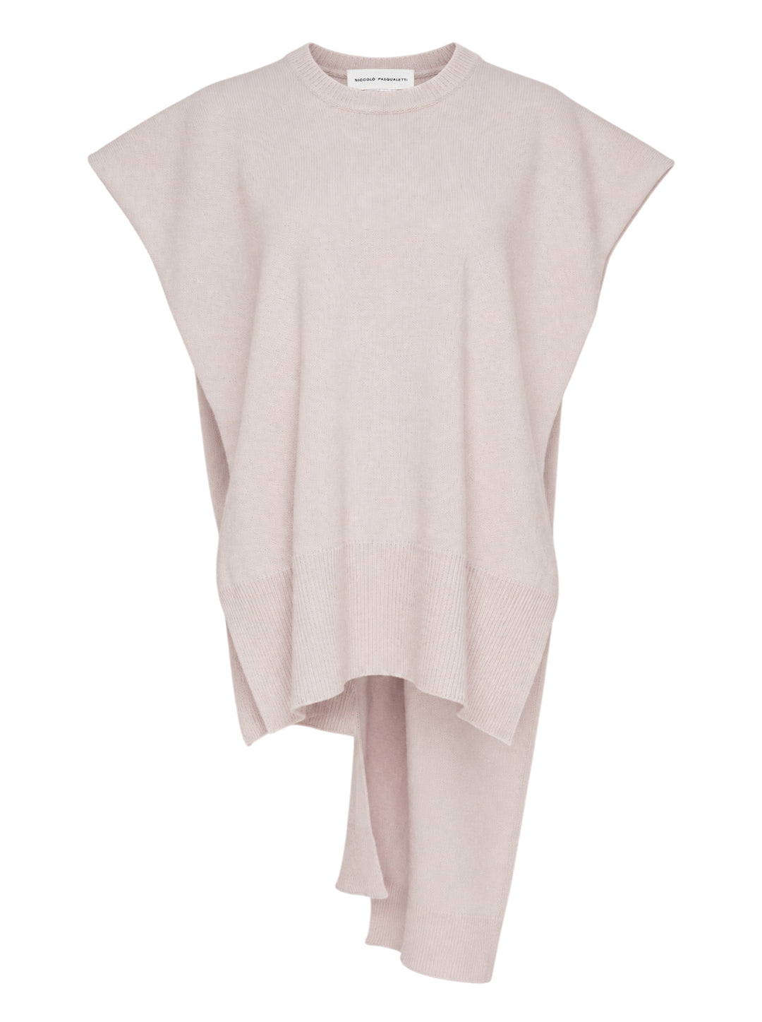 Blush pink cashmere sleeveless scarf top by Niccolò Pasqualetti with cap shoulders, ribbed crew neck and an asymmetric draped hem