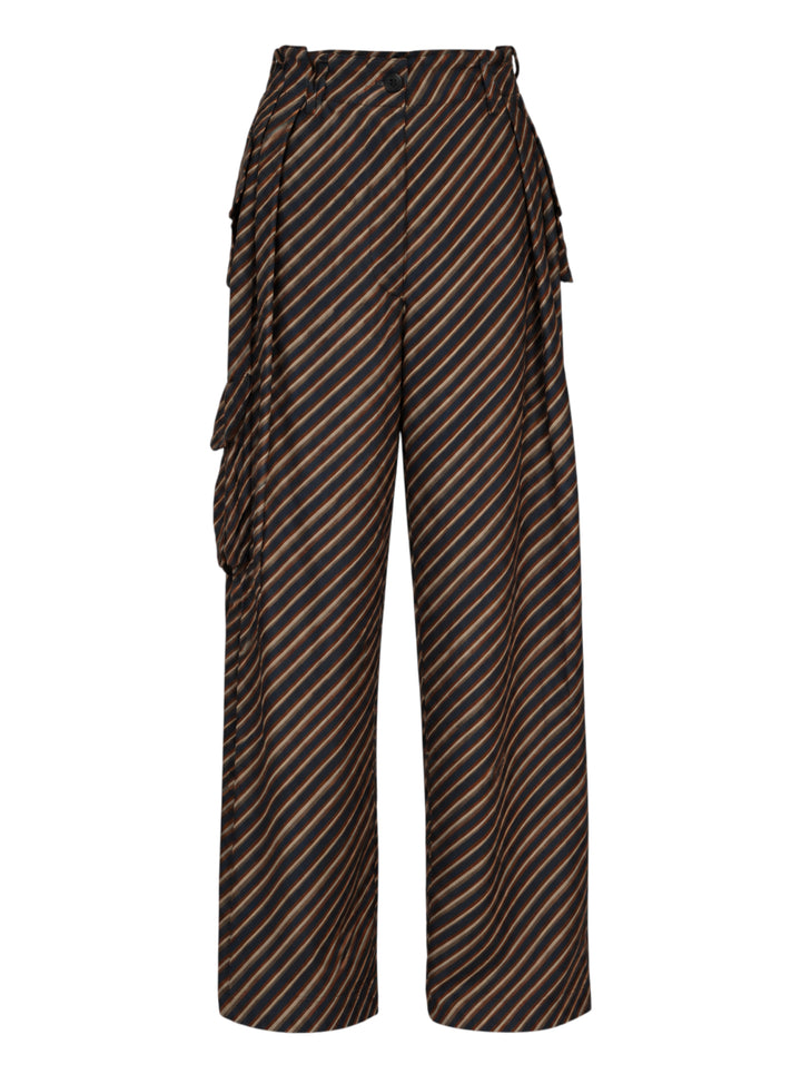 Dries Van Noten diagonal stripe wide-leg cargo pants in navy, brown and cream with pleated waist and gathered pockets