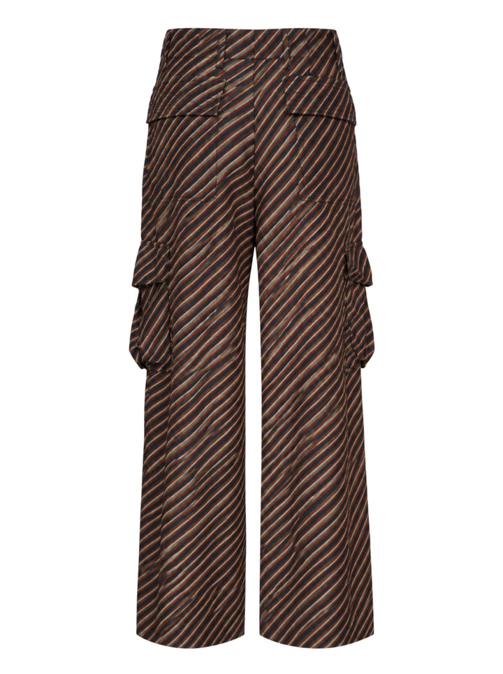 Dries Van Noten diagonal stripe wide-leg cargo pants in navy, brown and cream with pleated waist and gathered pockets - view 2