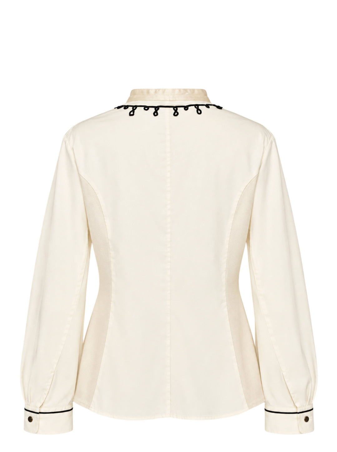 Renli Su cream cotton blouse with black cord embroidery at the stand collar and placket, antique metal buttons and piped cuffs - view 2