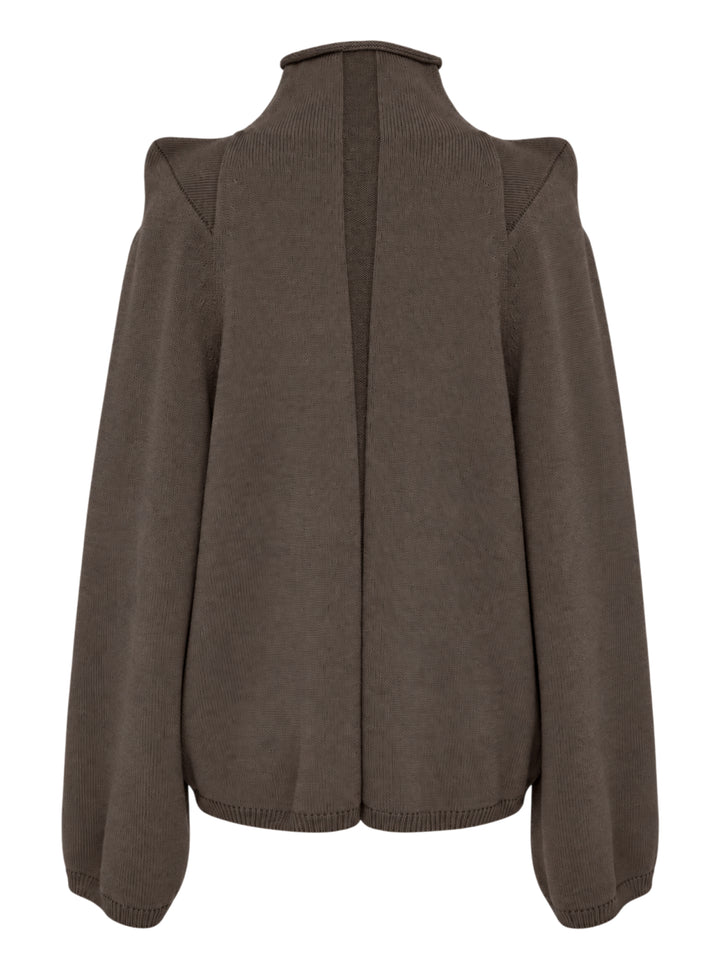 Rick Owens Darkdust cold-shoulder knit sweater with rolled high neck, structured shoulder points and central front seam - view 2
