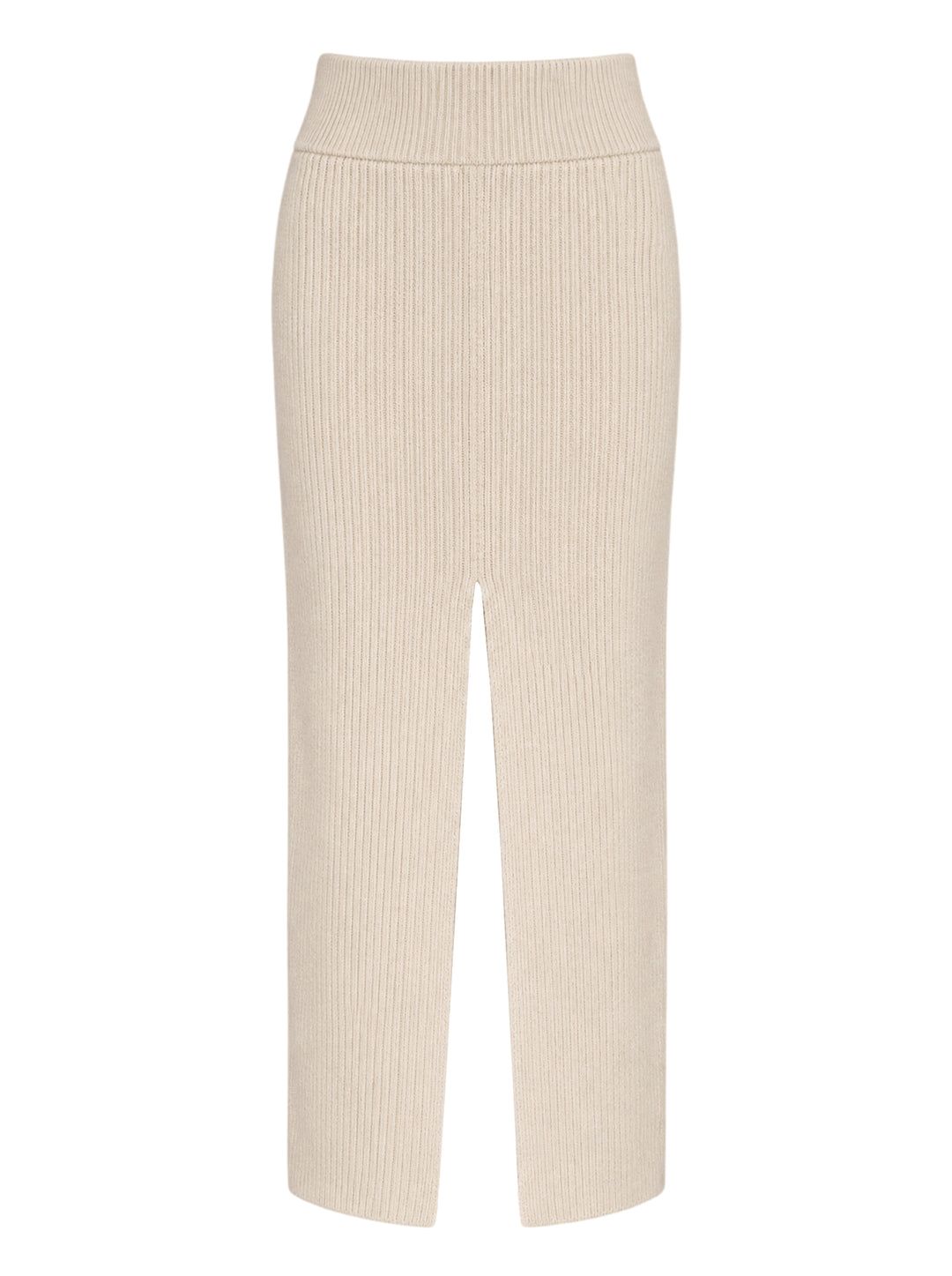 Rick Owens cream ribbed knit midi skirt with wide fold-over waistband and sliced front hem, shown flat from the front