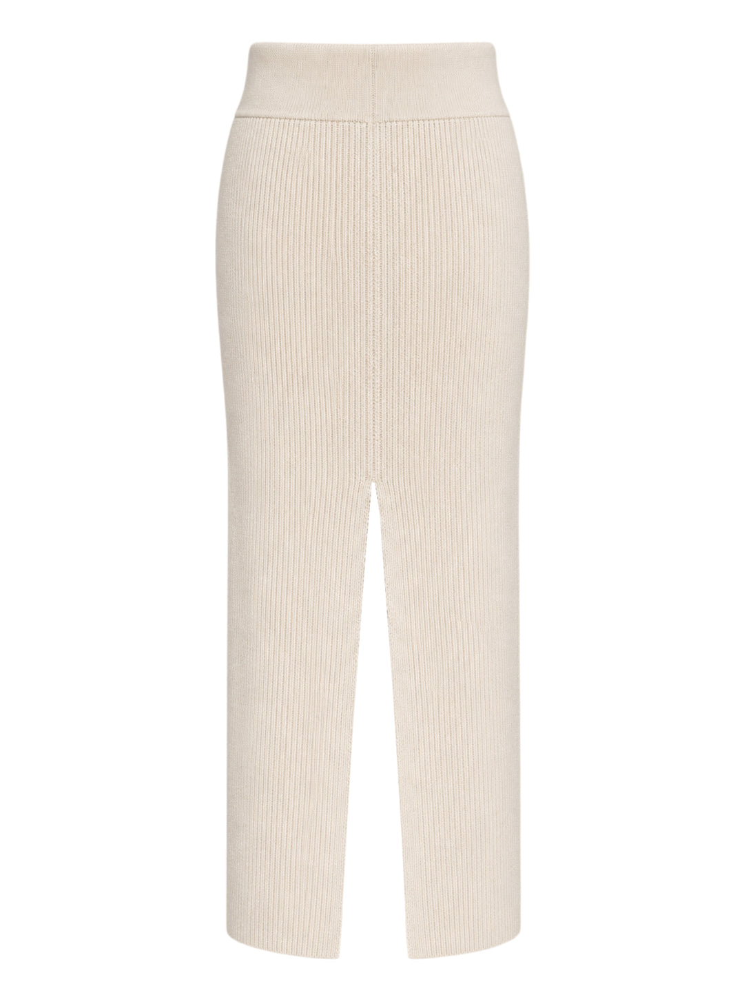 Rick Owens cream ribbed knit midi skirt with wide fold-over waistband and sliced front hem, shown flat from the front - view 2