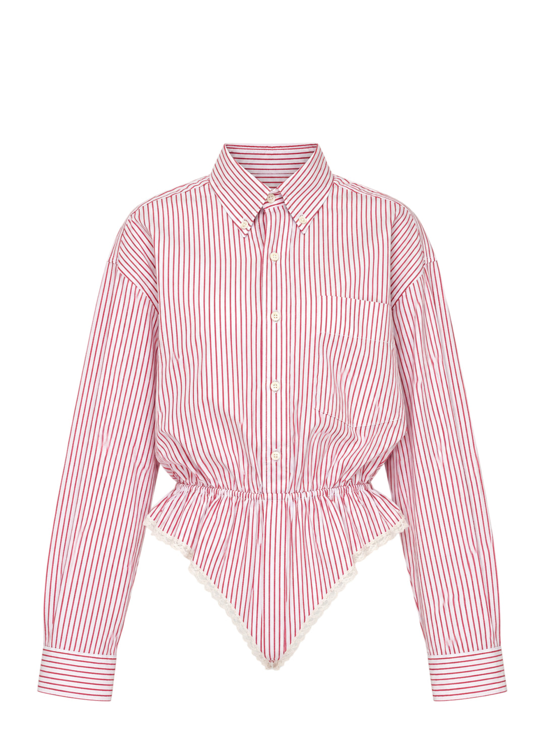 Vaquera red and white striped button-down shirt bodysuit with elasticated peplum waist and cream lace-trimmed leotard base