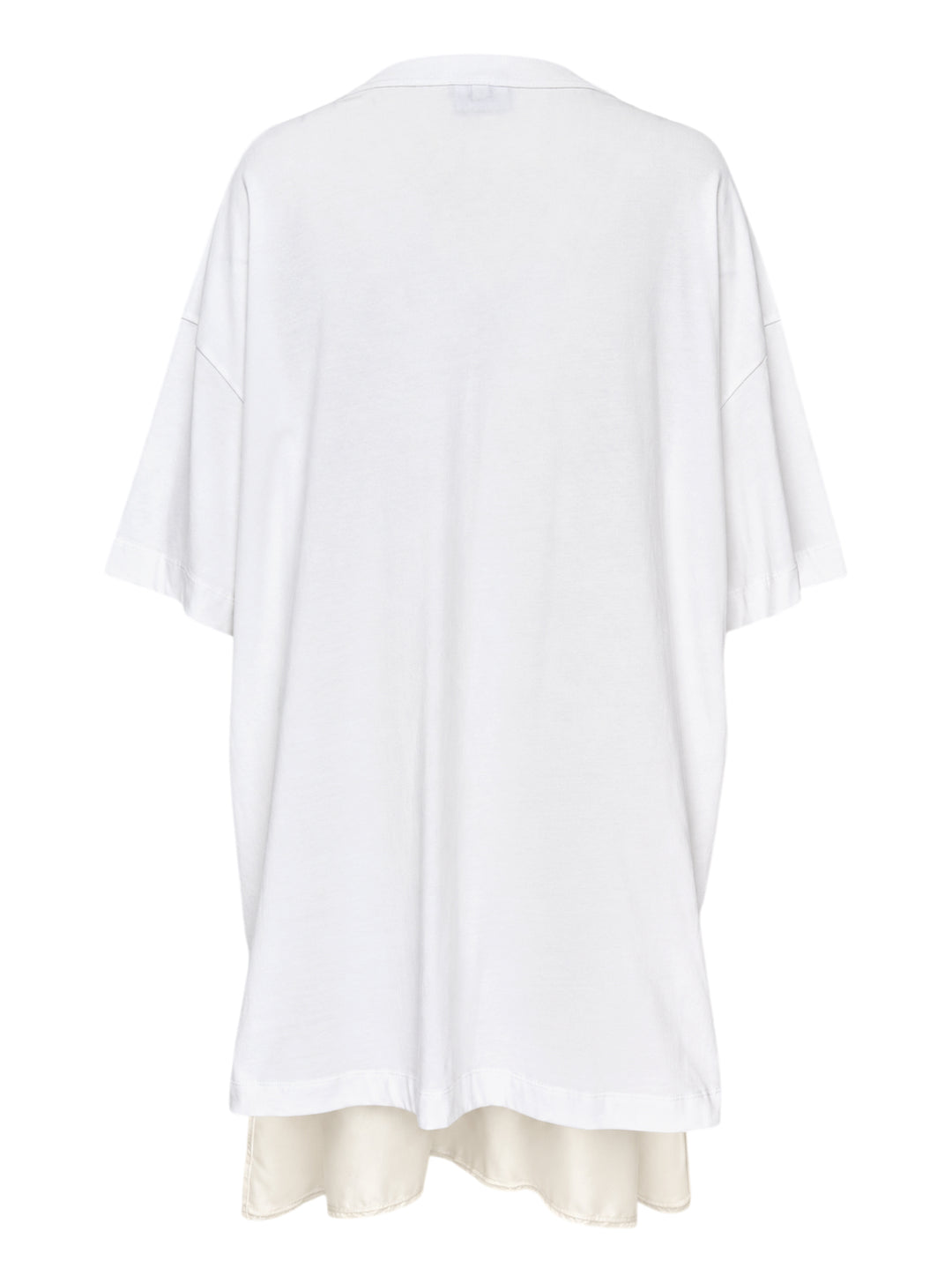 Vaquera layered dress combining an oversized white T-shirt with a cream satin bustier slip dress with lace hem - view 2