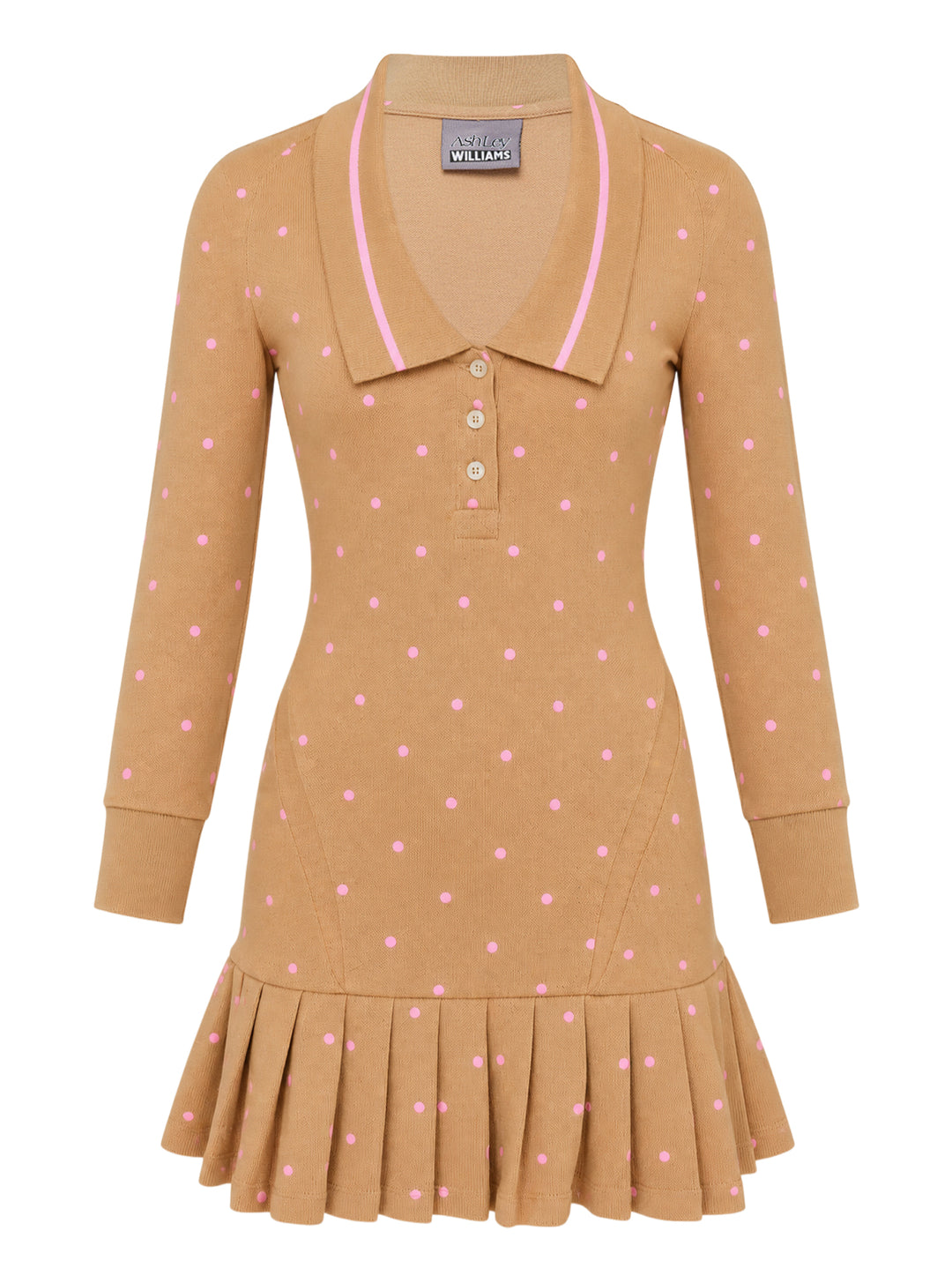 Ashley Williams long sleeve Amelia short dress in camel with pink polka dots, striped polo collar, button placket and pleated drop-waist hem