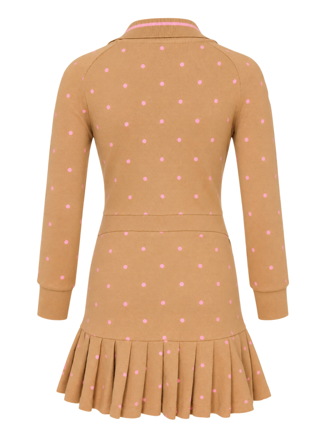 Ashley Williams long sleeve Amelia short dress in camel with pink polka dots, striped polo collar, button placket and pleated drop-waist hem - view 2