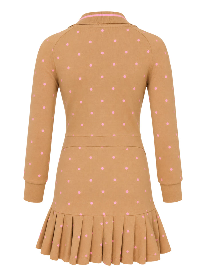 Ashley Williams long sleeve Amelia short dress in camel with pink polka dots, striped polo collar, button placket and pleated drop-waist hem - view 2