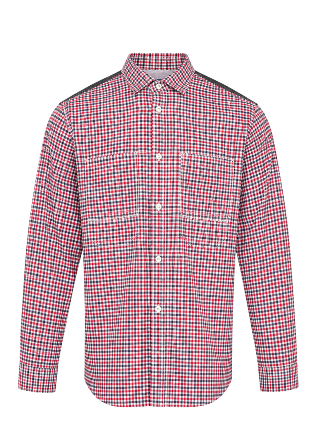 Junya Watanabe long sleeve cotton check shirt in red, navy, and white gingham with contrast dark flannel shoulder panels, dual chest patch pockets, and white button fastening