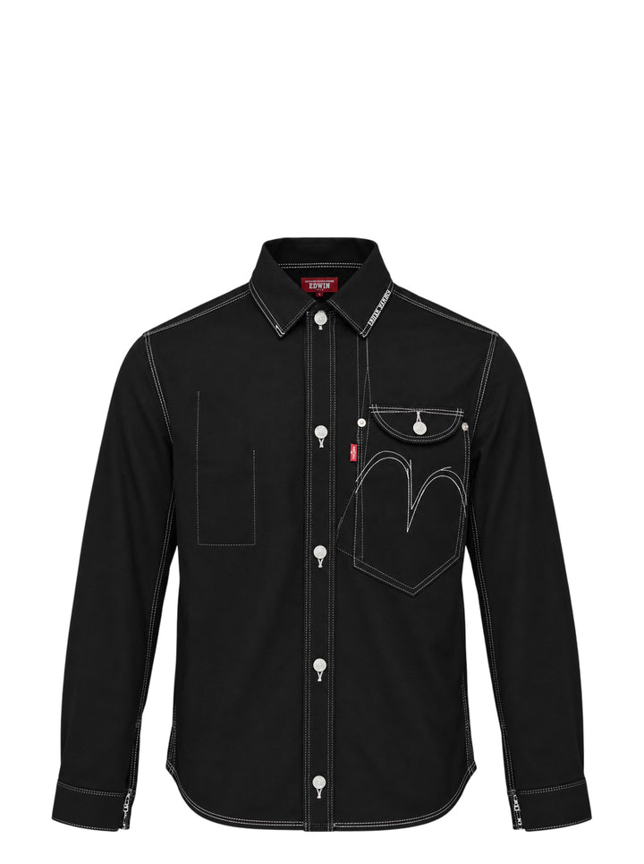 Junya Watanabe x Levi's black long-sleeve shirt with white contrast stitching, embroidered seagull motif across the chest, asymmetric chest pocket with red Levi's tab, and zip-detailed cuffs