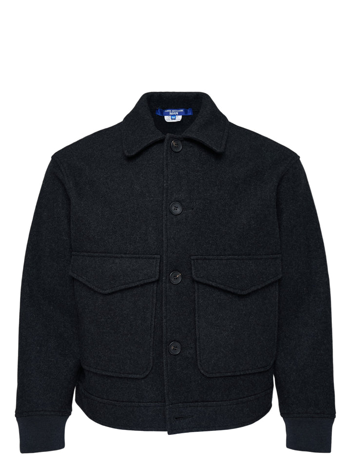 Junya Watanabe MAN charcoal cashmere melton jersey jacket with point collar, four-button front, flap pockets and ribbed cuffs
