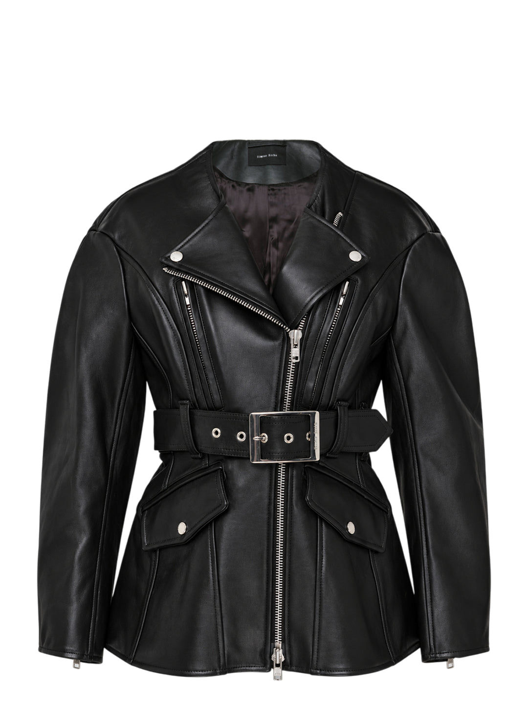 Simone Rocha black sculpted biker jacket with asymmetric zip front, rounded shoulders, flap pockets and wide silver-buckle belt at the waist