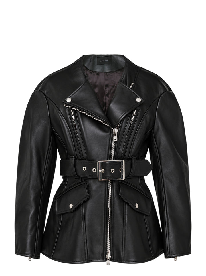 Simone Rocha black sculpted biker jacket with asymmetric zip front, rounded shoulders, flap pockets and wide silver-buckle belt at the waist