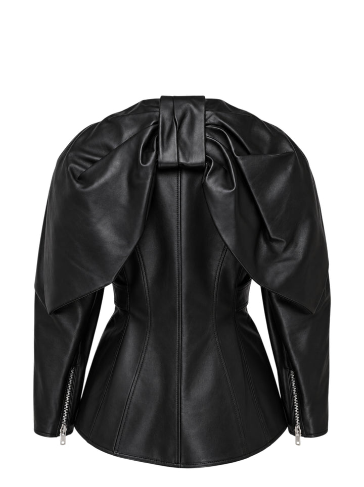 Simone Rocha black sculpted biker jacket with asymmetric zip front, rounded shoulders, flap pockets and wide silver-buckle belt at the waist - view 2
