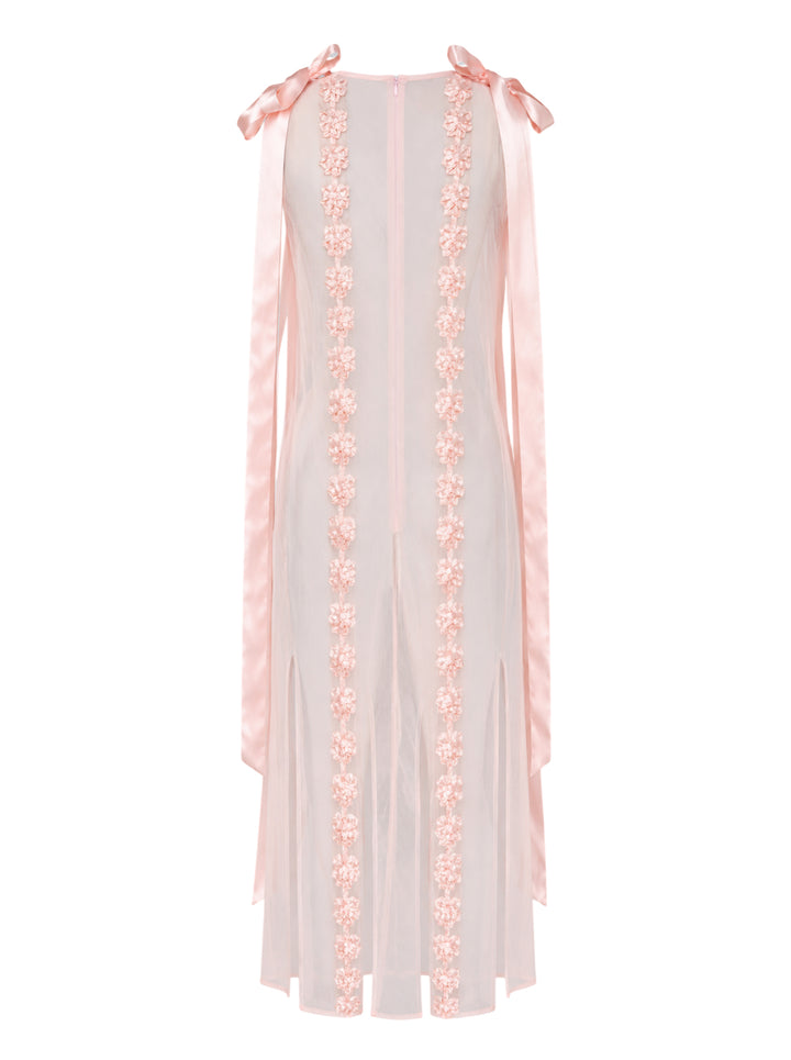 Simone Rocha sheer blush pink midi dress with satin shoulder bows and vertical rows of ribbon rosette embellishment - view 2