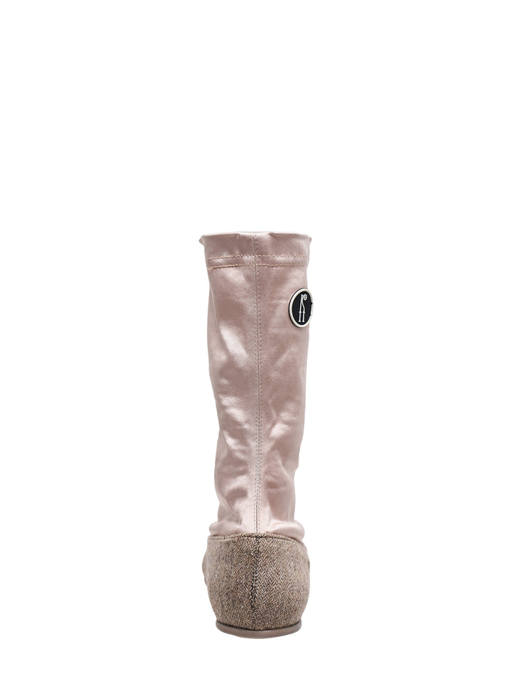 Kiko Kostadinov Proxima Low Ballerina boot in blush satin with a textured flecked foot and circular logo badge, shown in profile - view 3