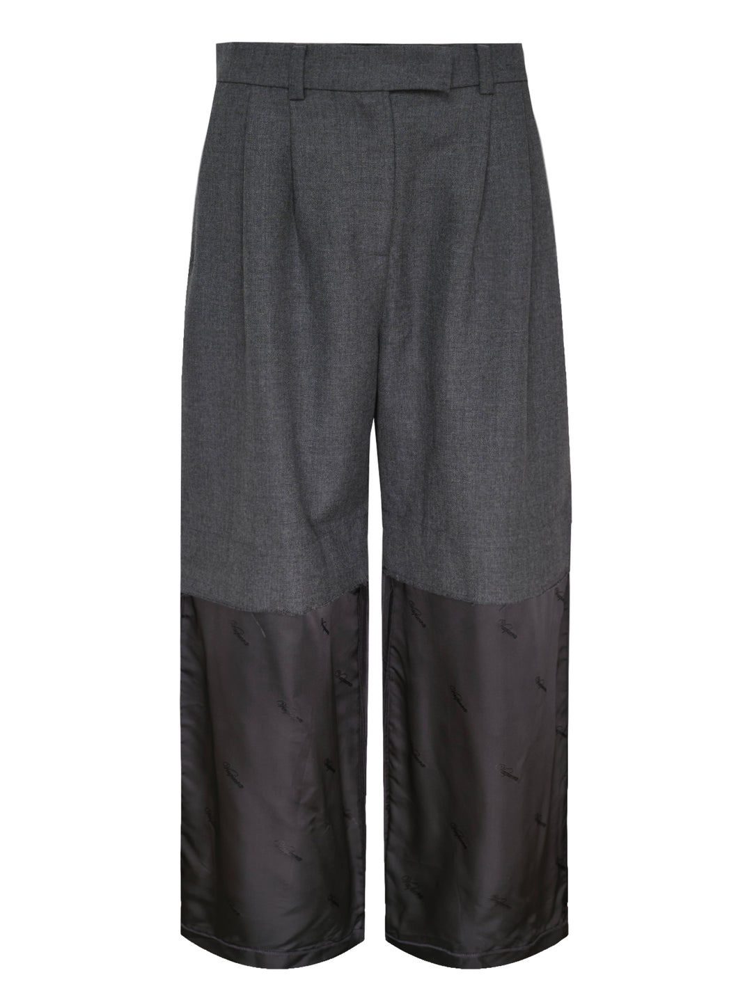 Vaquera women's wide-leg trousers in charcoal grey with pleated front and a raw-edged dark satin lower leg panel with tonal logo print