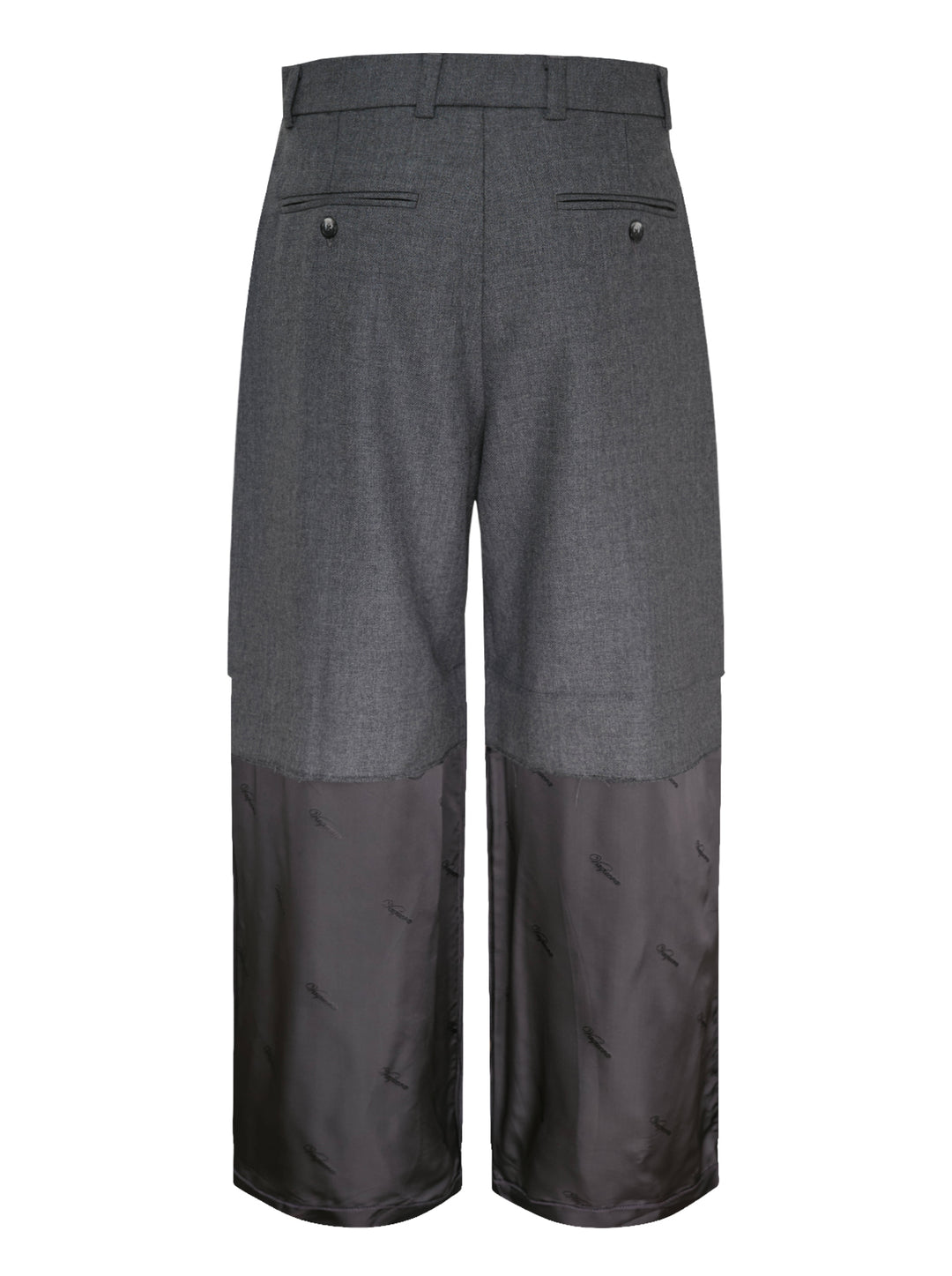 Vaquera women's wide-leg trousers in charcoal grey with pleated front and a raw-edged dark satin lower leg panel with tonal logo print - view 2