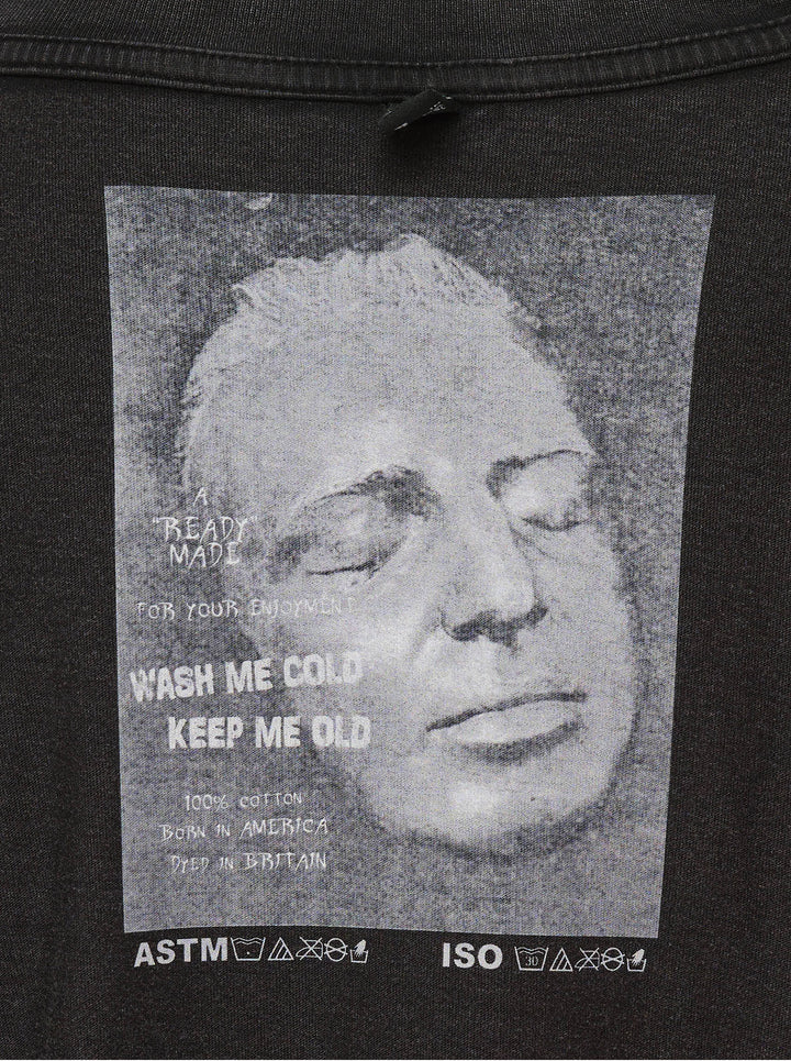 Deathmask Hedy Lamarr And The Frequency washed black short sleeve tee with blurred monochrome graphic and repeating EXTASE text on the chest - view 3