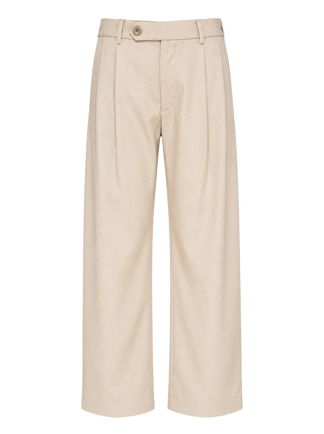 Small Talk Studio double pleat wide-leg trousers in a stone neutral tone, shown front-facing with tab waistband closure