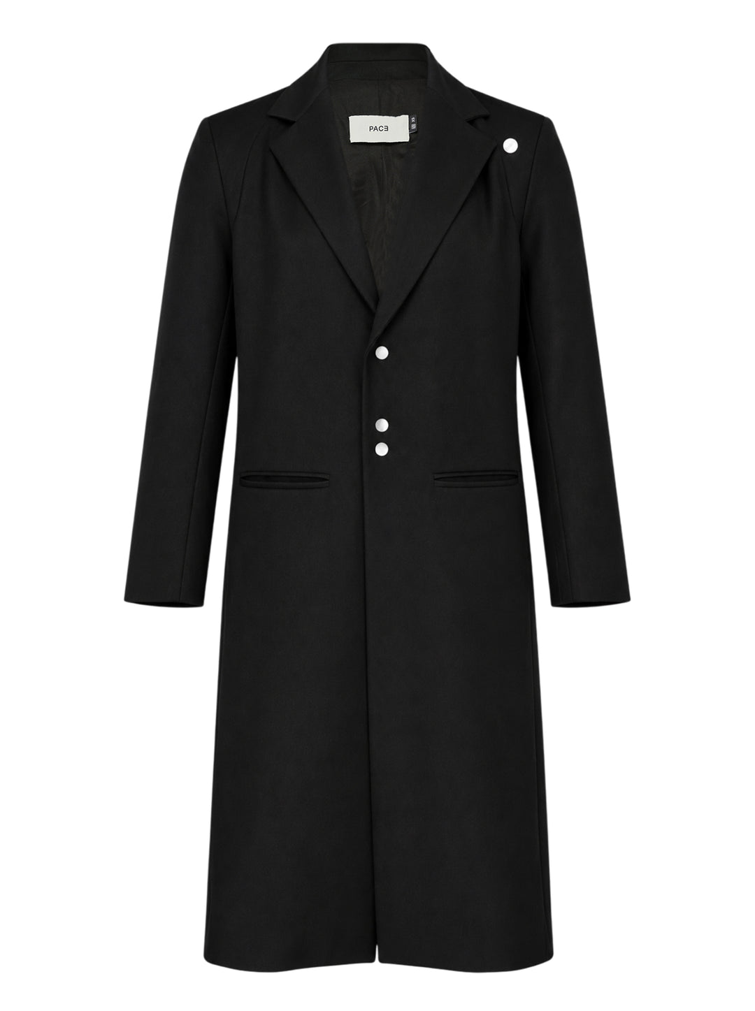 Black light wool long coat with notched lapels, snap button closure and jetted hip pockets, shown from the front