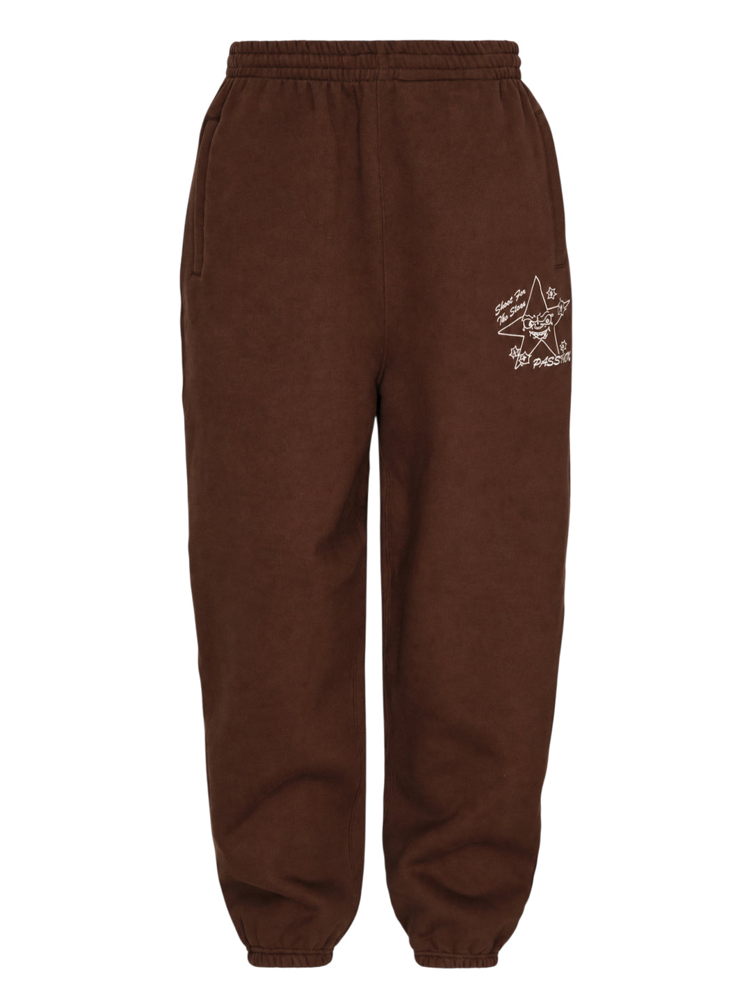 Passion Target Practice brown joggers with elasticated waist and cuffs, featuring a cream hand-drawn star graphic and Shoot For The Stars script