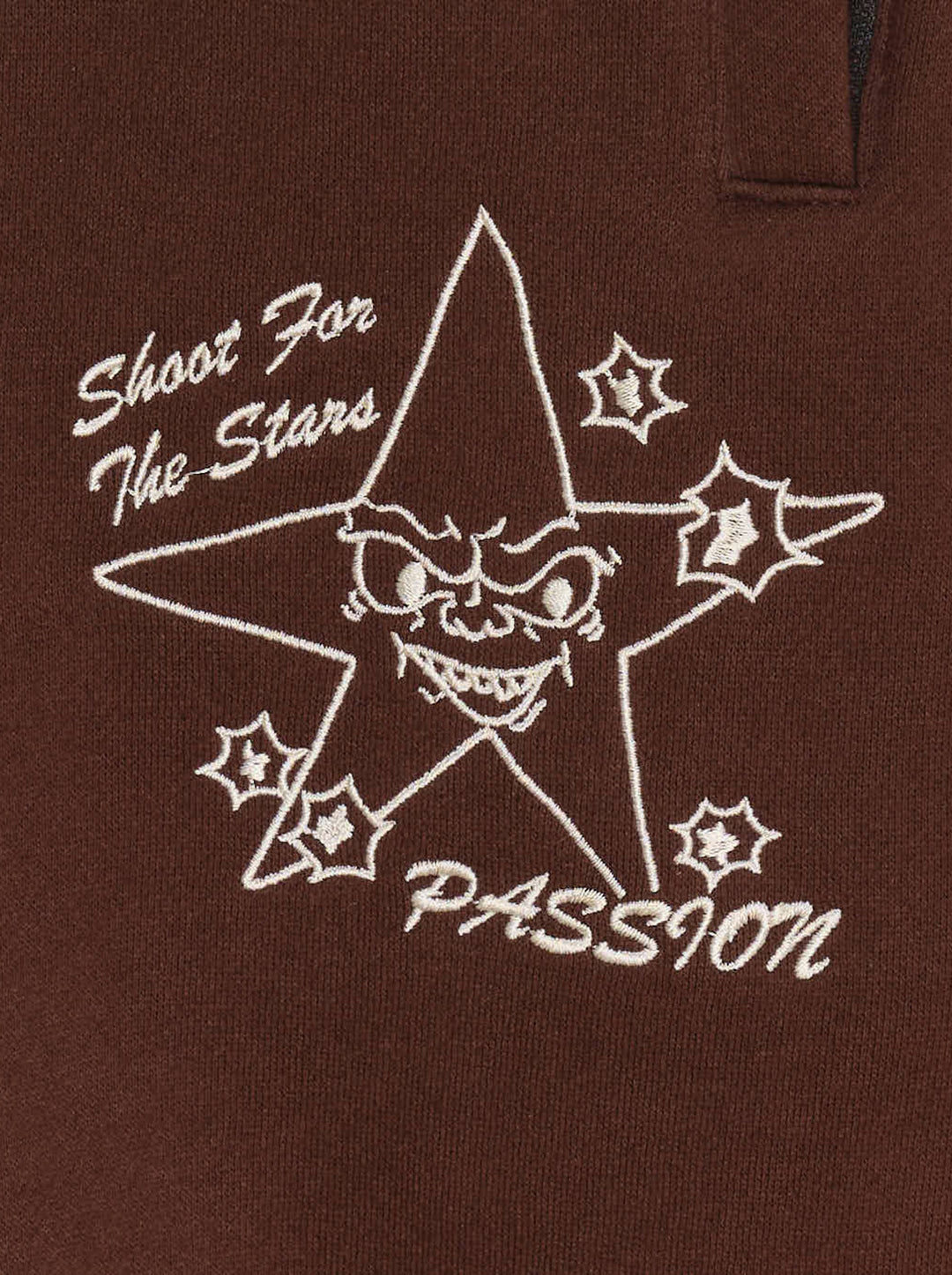 Passion Target Practice brown joggers with elasticated waist and cuffs, featuring a cream hand-drawn star graphic and Shoot For The Stars script - view 3