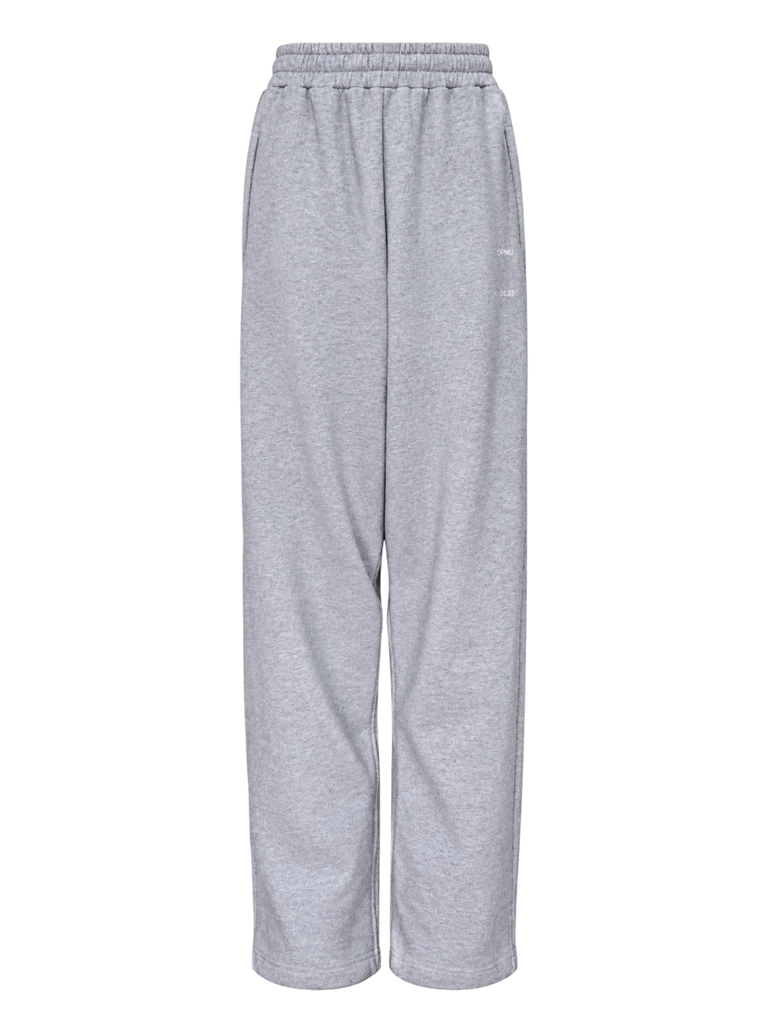 Setchu wide-leg sweatpants in heather grey with an elasticated waistband and small white logo print, shown from the front
