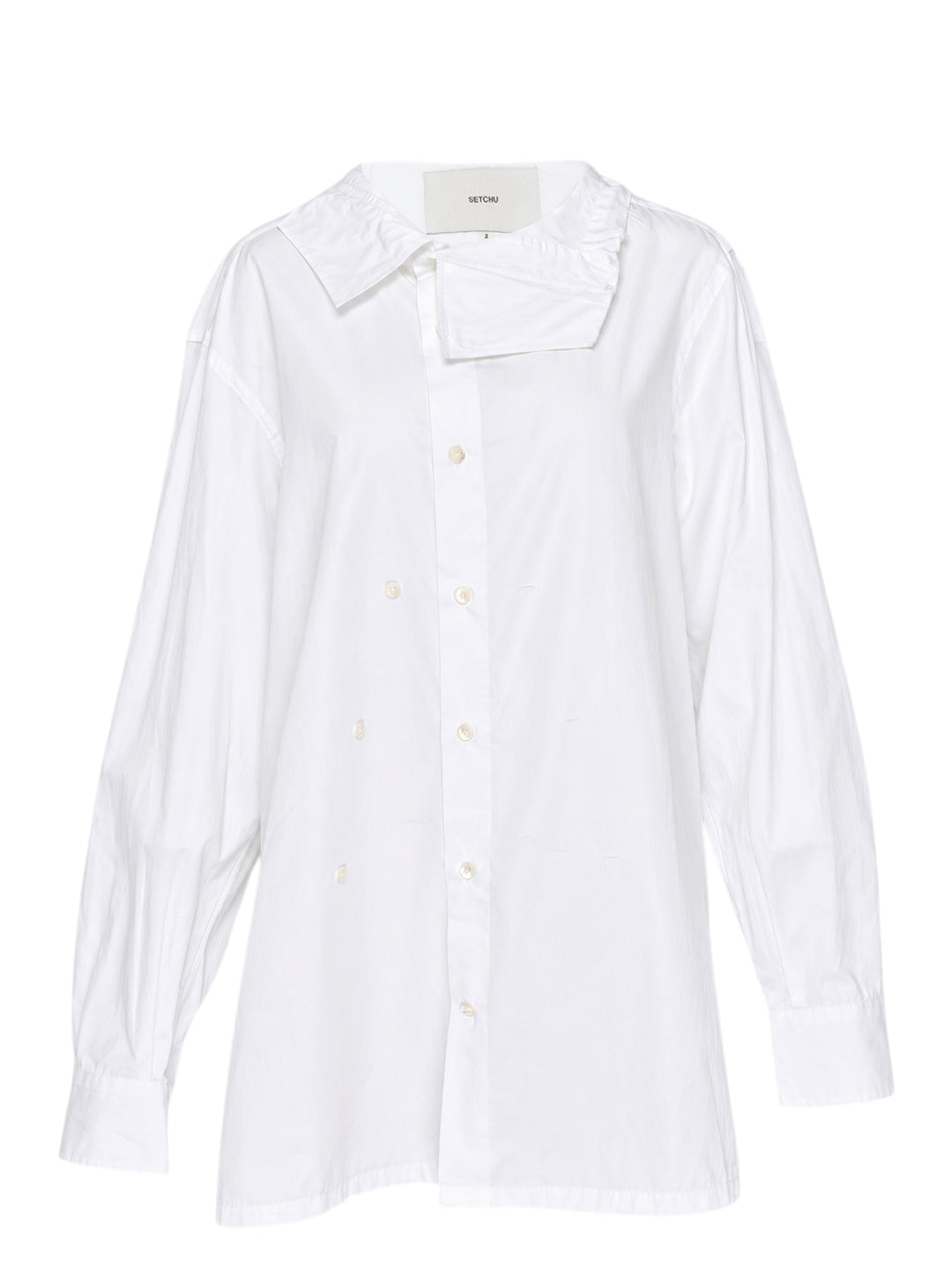 Setchu white cotton shirt with asymmetric folded collar, offset double-breasted button placket and oversized long sleeves