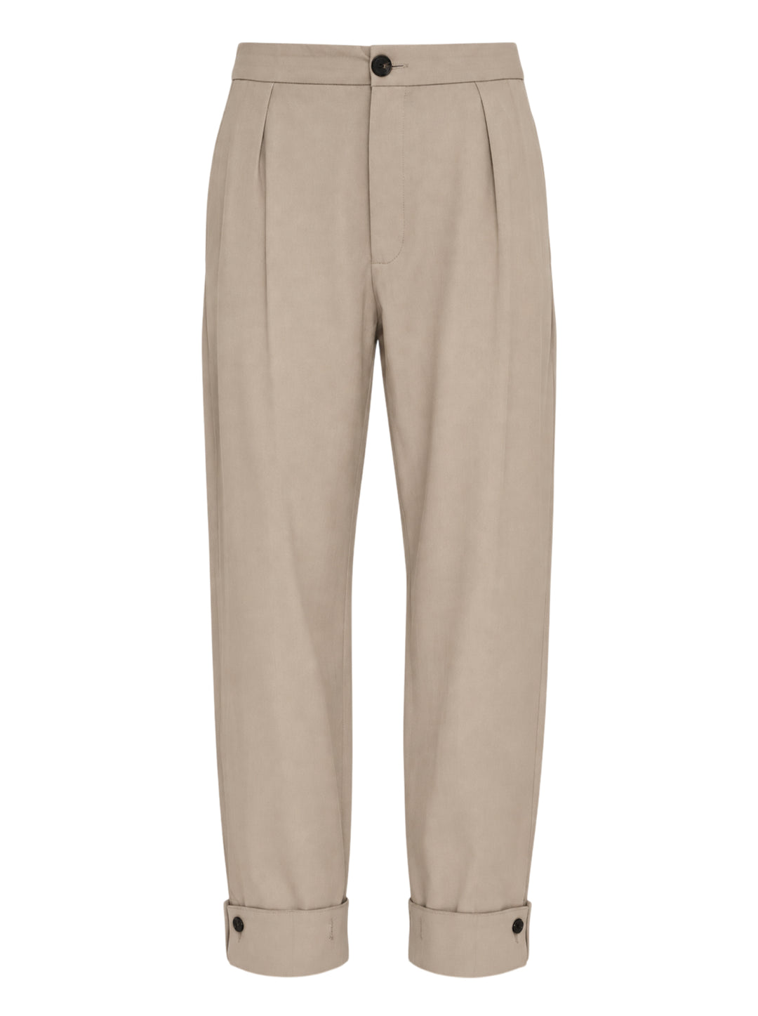Setchu Origami Pants 2 in a stone-toned wool-cotton blend, shown front view with pleated waist, button fly and button-tab cuffs