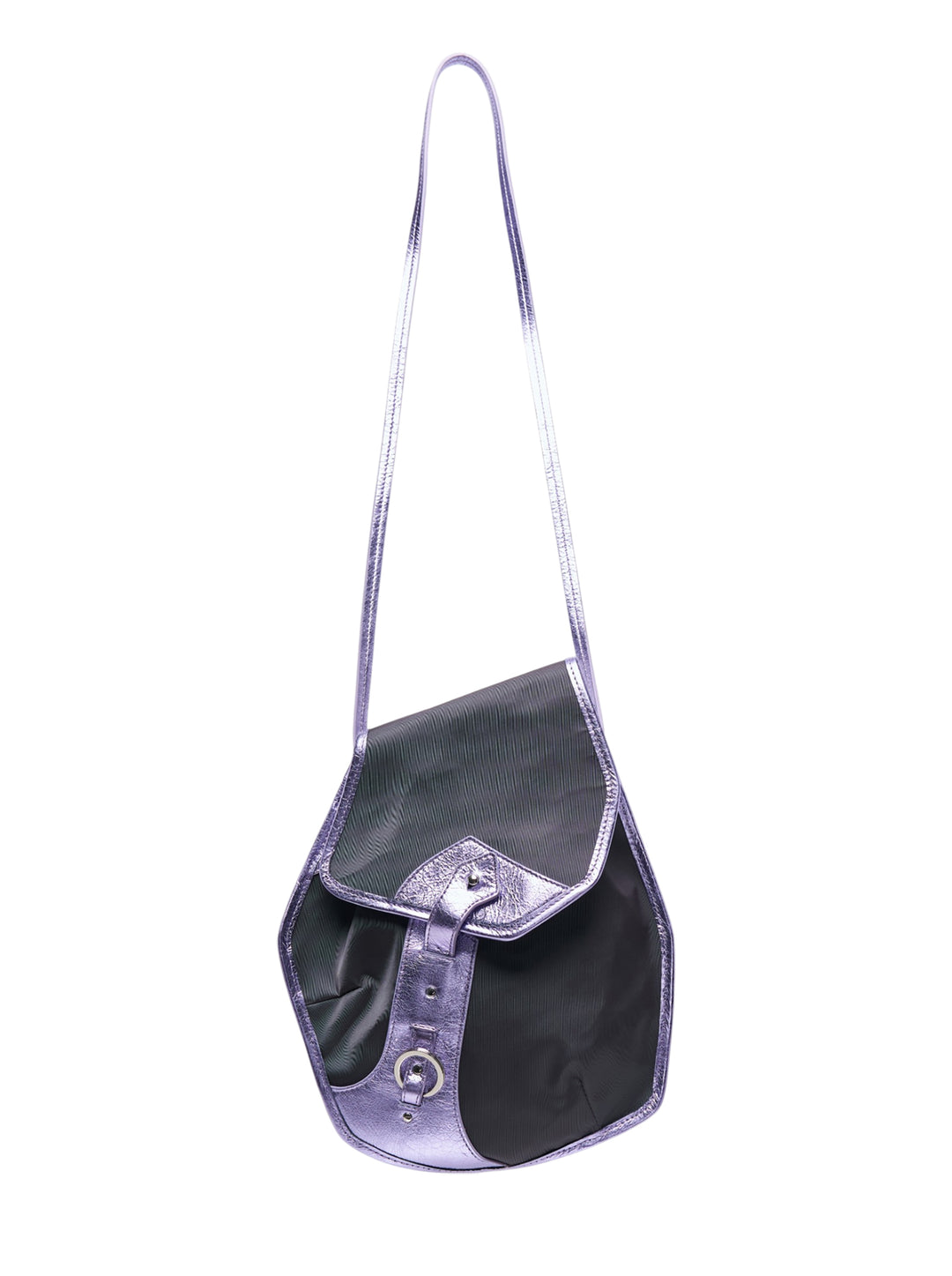 Kiko Kostadinov Solva Pouch with angular charcoal ribbed body, metallic lilac leather trim, buckle strap detail and long shoulder strap