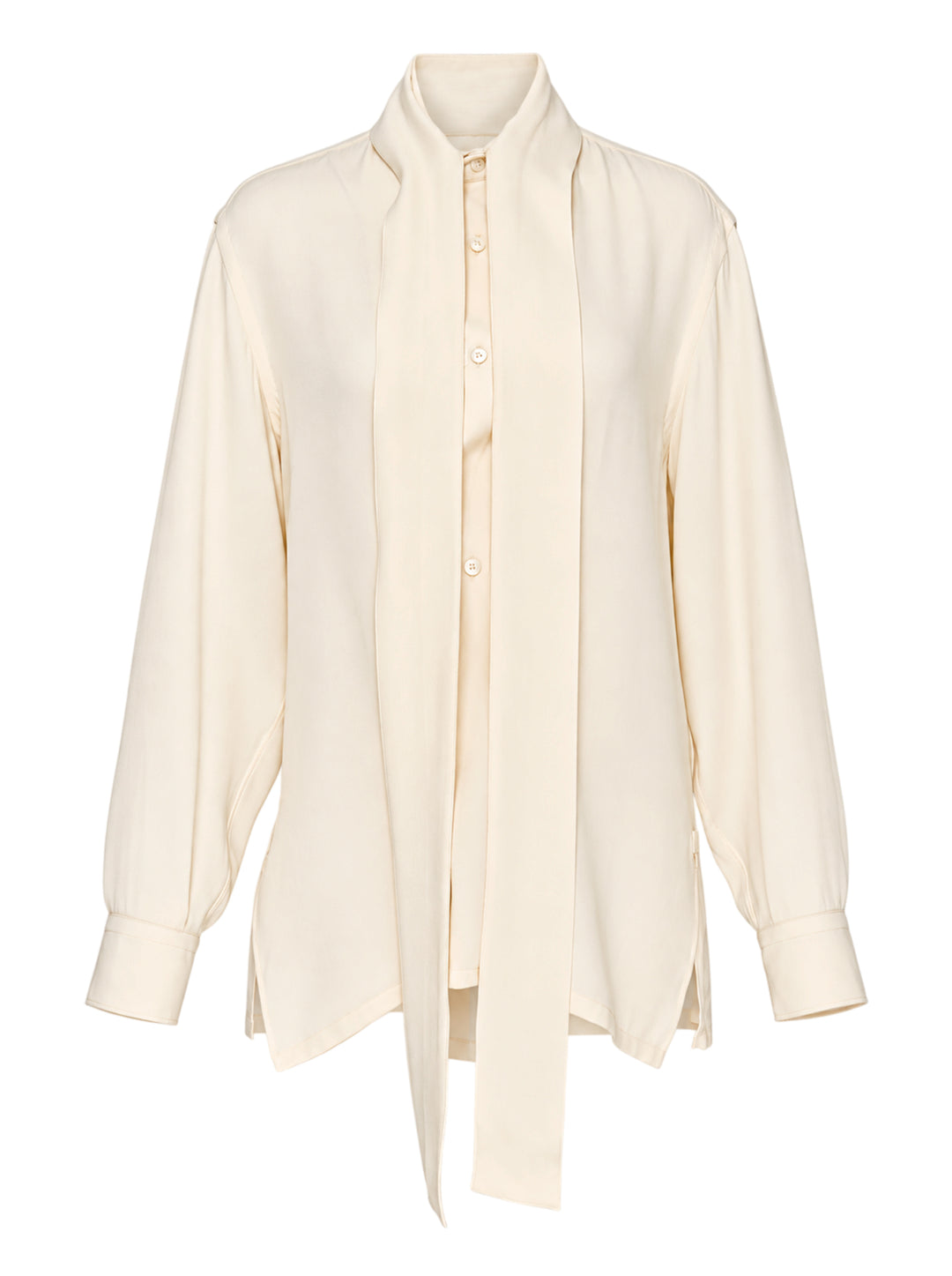 Setchu cady kimono shirt in cream with an integrated neck tie, button placket and long sleeves