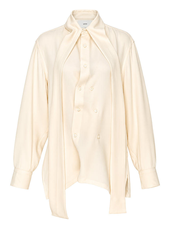 Setchu cady kimono shirt in cream with an integrated neck tie, button placket and long sleeves - view 3