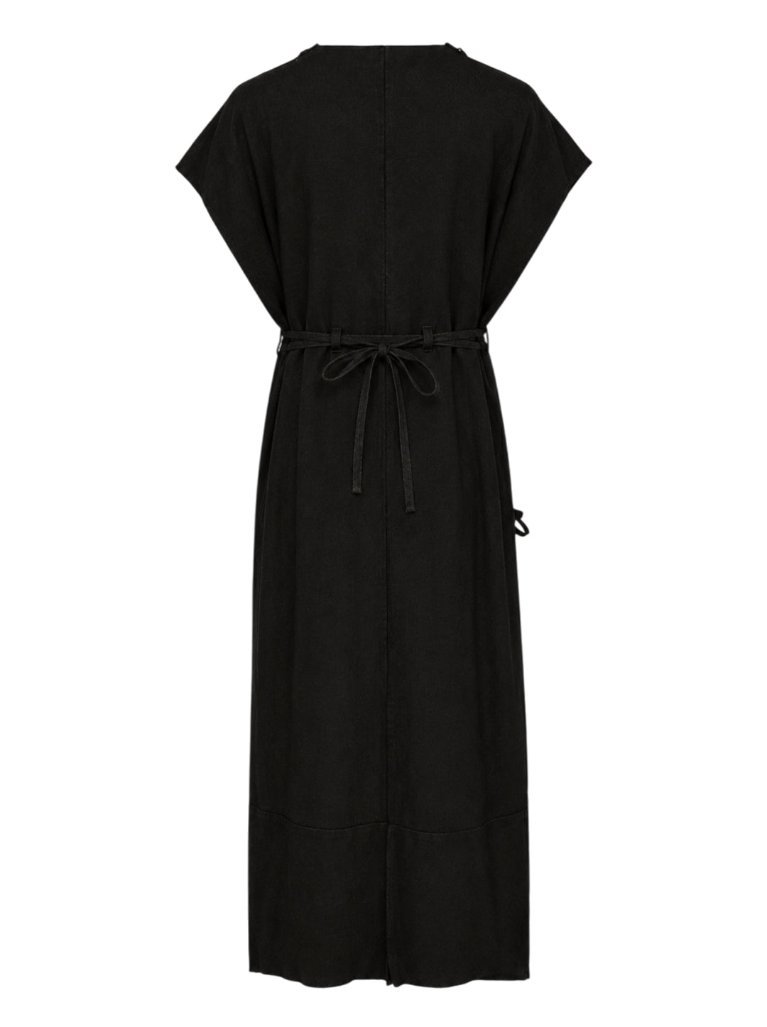 Setchu Makimono black maxi dress with cap sleeves, centre front seam, side drawcord and eyelet-trimmed hem - view 2