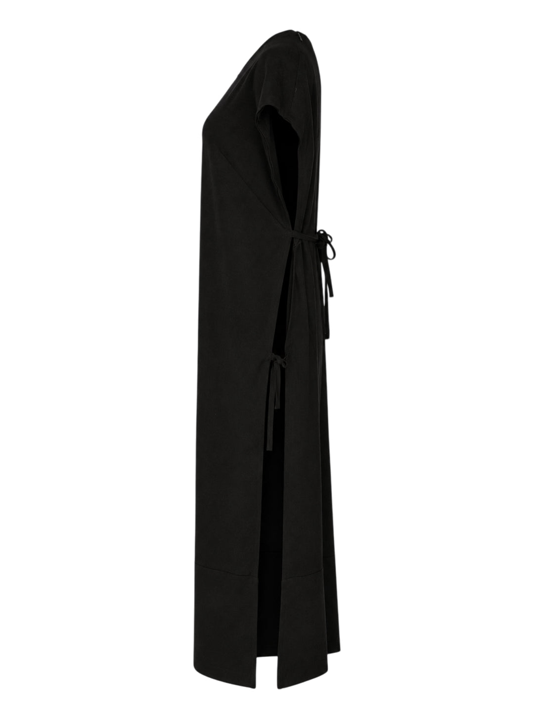 Setchu Makimono black maxi dress with cap sleeves, centre front seam, side drawcord and eyelet-trimmed hem - view 3