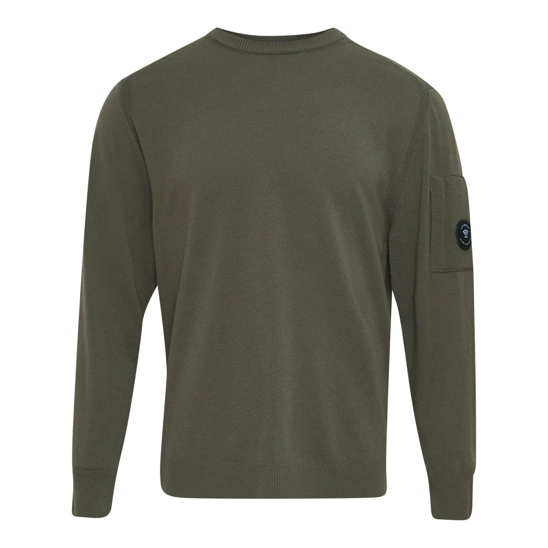 C.P. Company Extrafine Merino Wool Lens Crewneck Sweater in olive green, back view showing sleeve utility pocket and circular lens badge