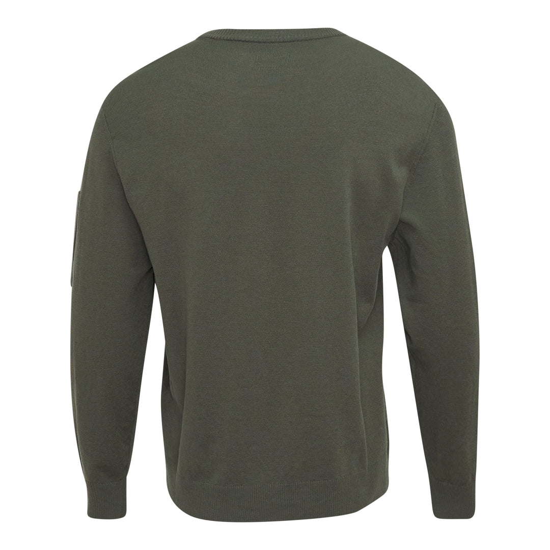 C.P. Company Extrafine Merino Wool Lens Crewneck Sweater in olive green, back view showing sleeve utility pocket and circular lens badge