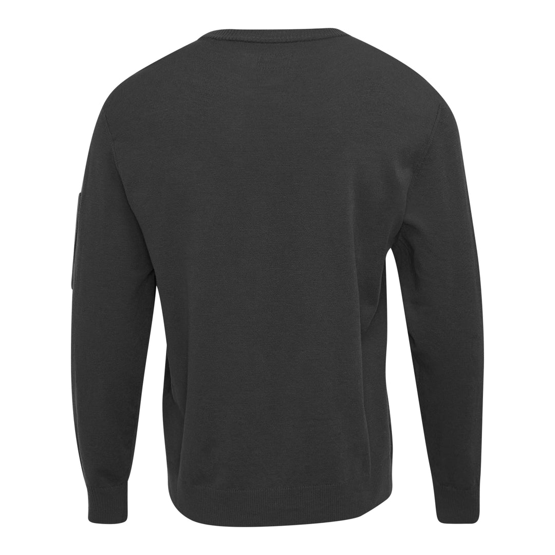 C.P. Company Extrafine Merino Wool Lens Crewneck Sweater in olive green, back view showing sleeve utility pocket and circular lens badge
