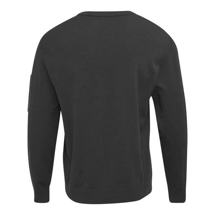 C.P. Company Extrafine Merino Wool Lens Crewneck Sweater in olive green, back view showing sleeve utility pocket and circular lens badge
