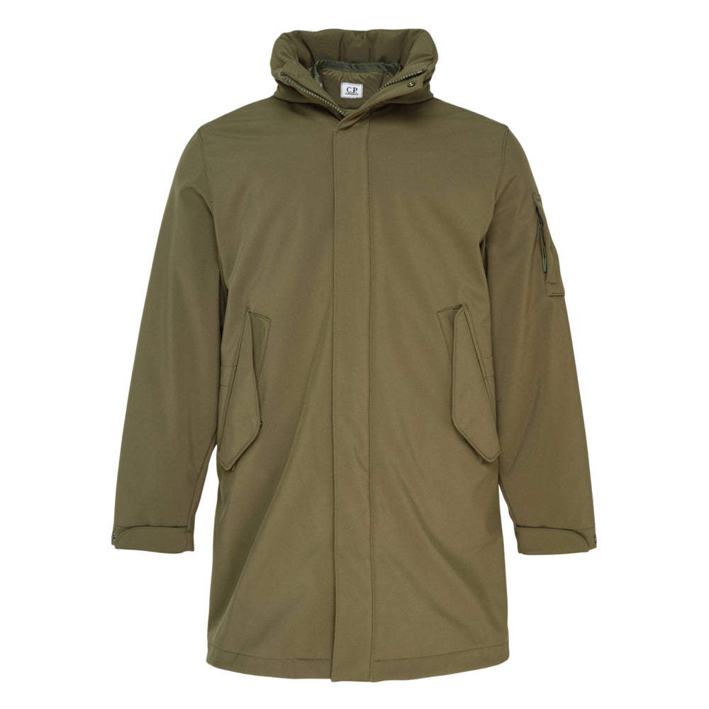 C.P. Company Shell-R Padded Hooded Parka in olive green, shown open to reveal the removable quilted padded inner vest with press-stud fastening and branded zip puller