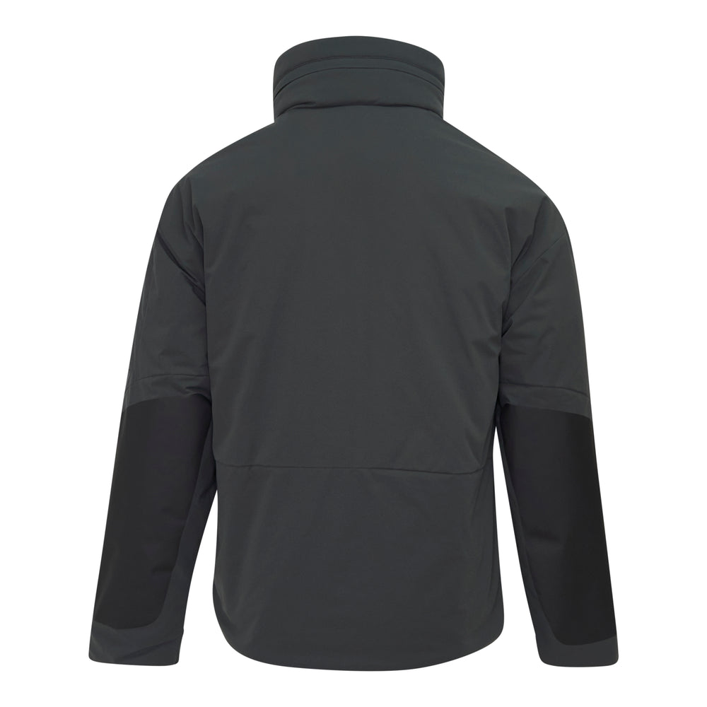 C.P. Company Pro-Tek Primaloft Silver Lens Jacket in dark grey, front view, featuring a padded high collar, snap-button storm placket, and signature goggle lens sleeve pocket