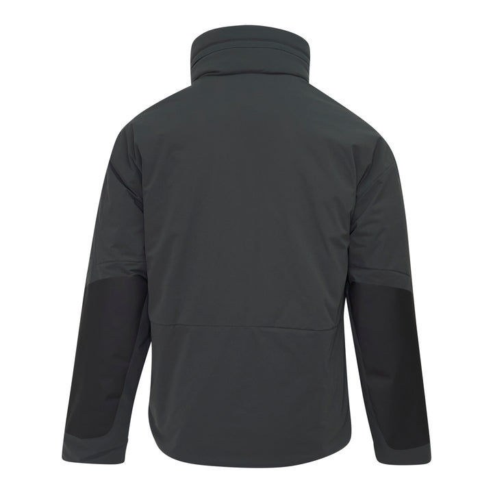 C.P. Company Pro-Tek Primaloft Silver Lens Jacket in dark grey, front view, featuring a padded high collar, snap-button storm placket, and signature goggle lens sleeve pocket