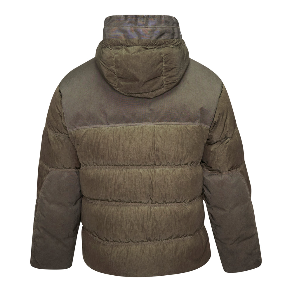 C.P. Company Eco-Chrome Mixed Down jacket in olive, featuring quilted baffles, goggle hood, and zip chest pockets, shown on a white background