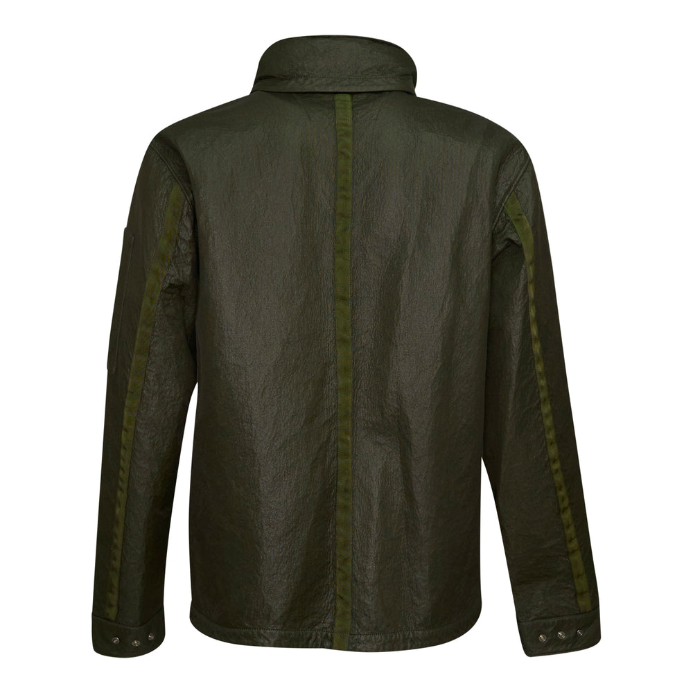 C.P. Company Bi-Face Reversible Jacket in olive coated technical nylon, featuring a stand collar, branded zip fastening, front zip pockets with webbing pulls, and a sleeve lens pocket detail