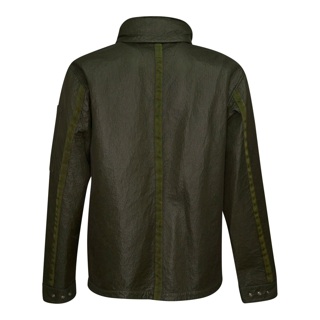 C.P. Company Bi-Face Reversible Jacket in olive coated technical nylon, featuring a stand collar, branded zip fastening, front zip pockets with webbing pulls, and a sleeve lens pocket detail