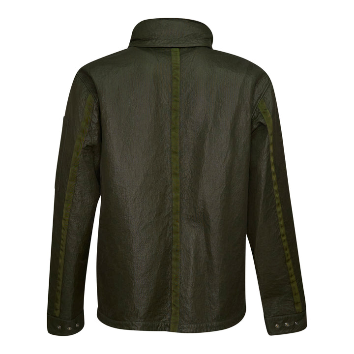 C.P. Company Bi-Face Reversible Jacket in olive coated technical nylon, featuring a stand collar, branded zip fastening, front zip pockets with webbing pulls, and a sleeve lens pocket detail