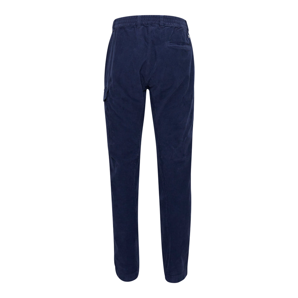 C.P. Company Corduroy Regular Cargo Pants in navy, featuring elasticated waistband, button-flap cargo pocket, and signature lens badge