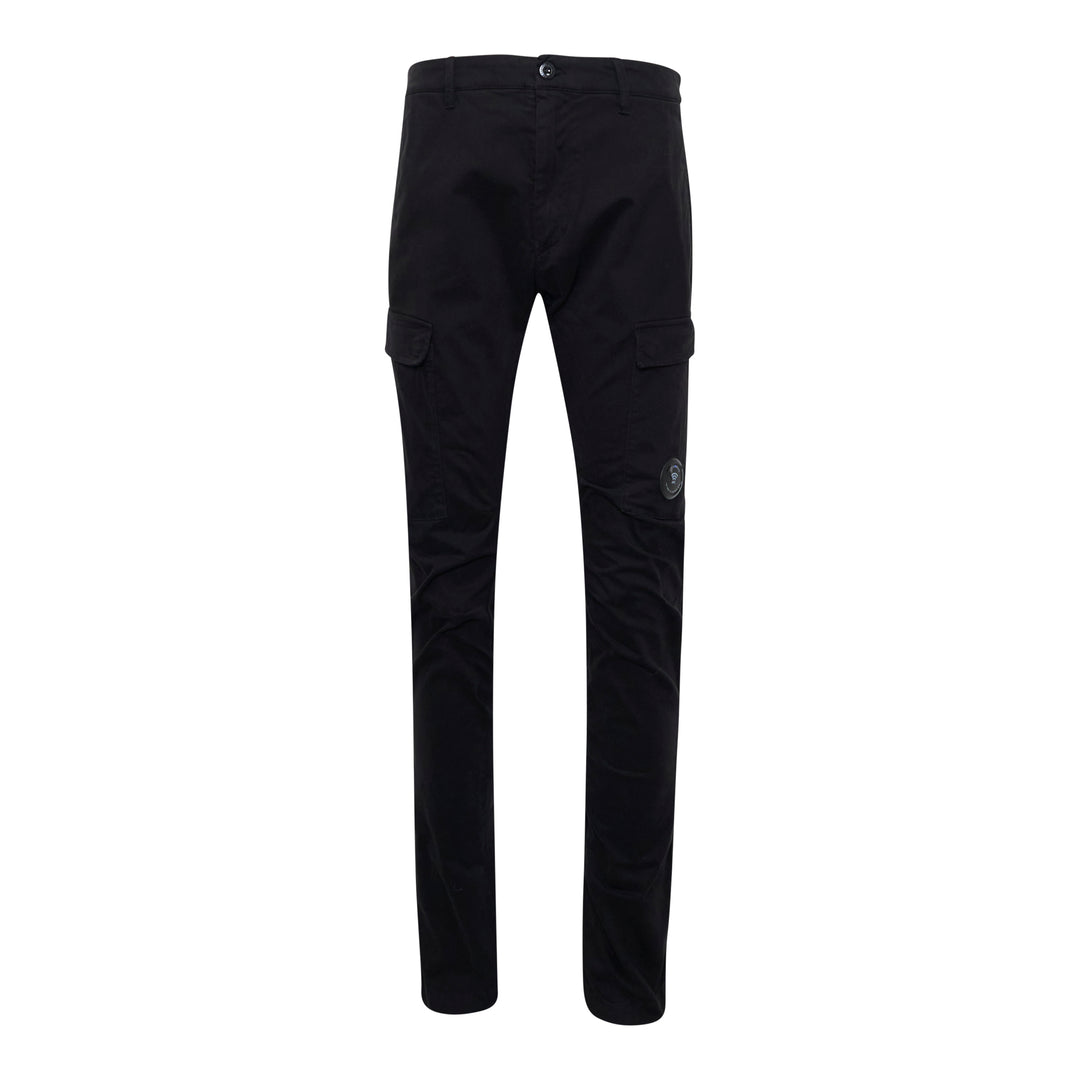 C.P. Company Stretch Sateen Ergonomic Cargo Pants in black, featuring a slim fit, flap thigh pockets, and tonal lens badge, shown from the front